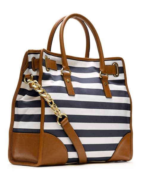 michael kors hamilton navy blue white stripe|Michael Kors Hamilton Striped Canvas Tote Navy Blue and White.